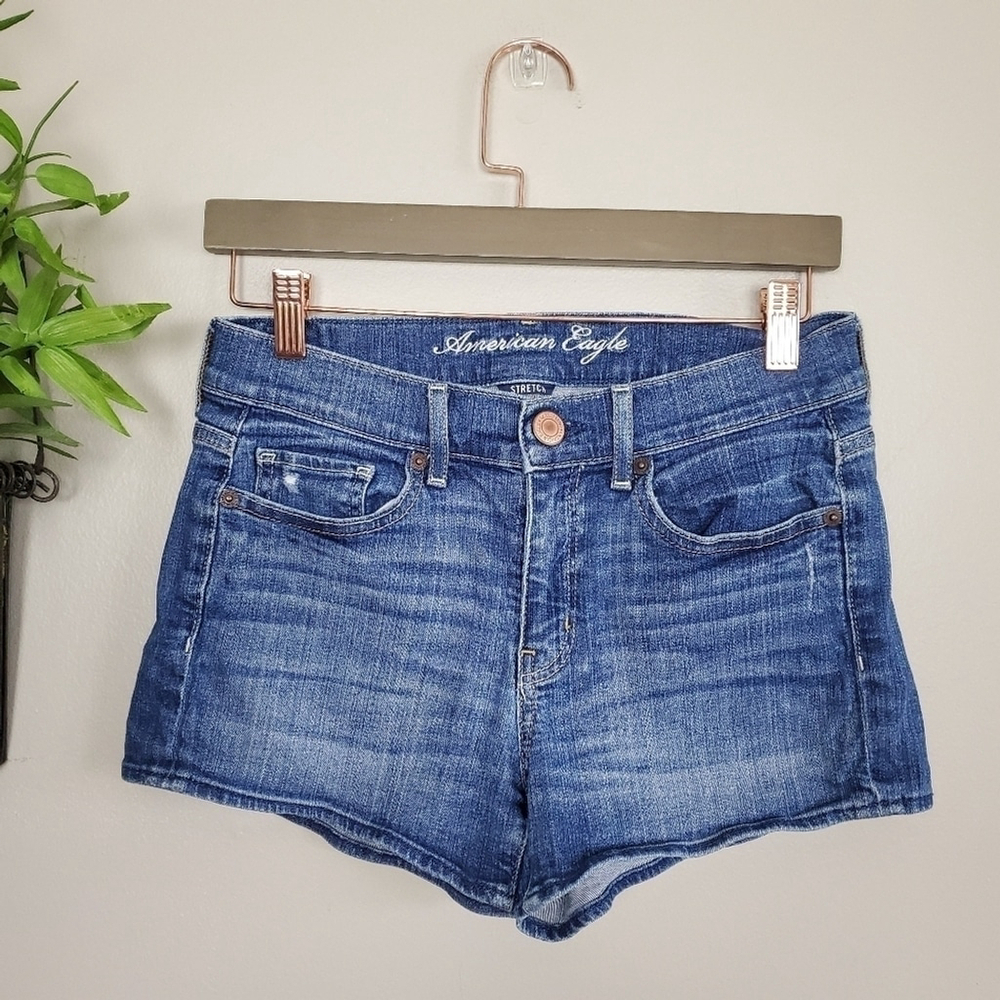 American Eagle Shortie Hi High Rise Denim Medium Wash Jean Shorts AE 4 90s - Picture 2 of 9
